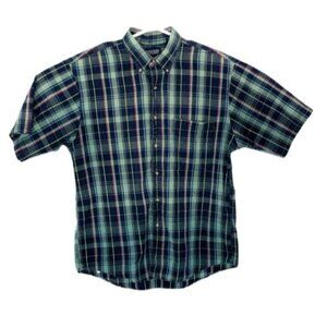 Lands End Shirt Mens L Plaid Button-Down Short Sleeves USA Green Red Workwear Ca